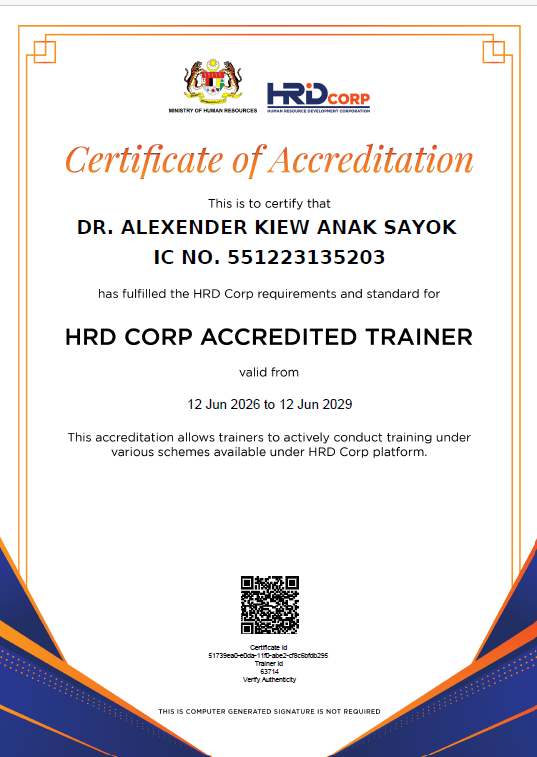 HRD Corp Accredited Trainer certificate awarded to Dr Alexander Kiew Anak Sayok