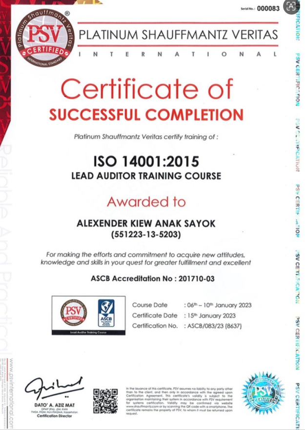 ISO 14001 lead auditor training certificate awarded to Alexander Kiew Anak Sayok