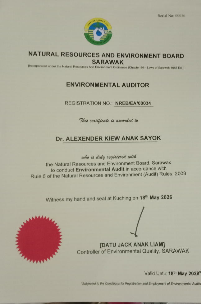 NREB Environmental Auditor certificate awarded to Dr Alexander Kiew Anak Sayok